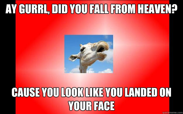Ay gurrl, did you fall from heaven? Cause you look like you landed on your face  Anti Pickup Line Giraffe