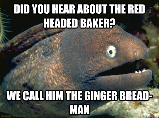 did you hear about the red headed baker? we call him the ginger bread-man - did you hear about the red headed baker? we call him the ginger bread-man  Bad Joke Eel