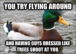 You try flying around  and having guys dressed like trees shoot at you.  Good Advice Duck