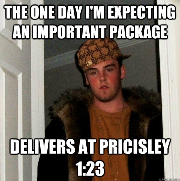 The one day I'm expecting an important package Delivers at pricisley 1:23  Scumbag Steve