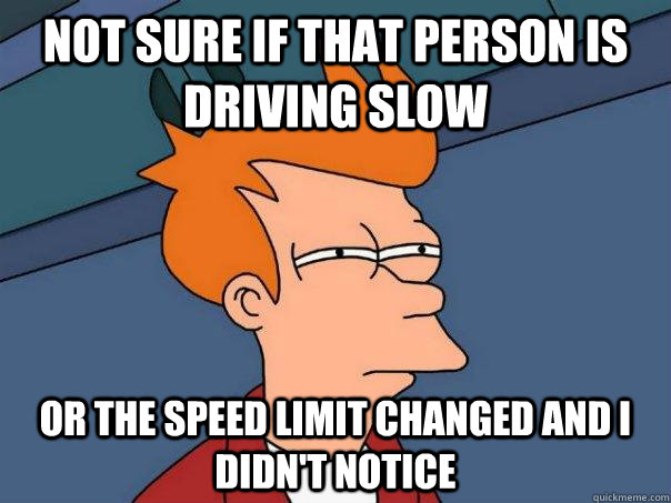 Not sure if that person is driving slow Or the speed limit changed and I didn't notice - Not sure if that person is driving slow Or the speed limit changed and I didn't notice  Futurama Fry
