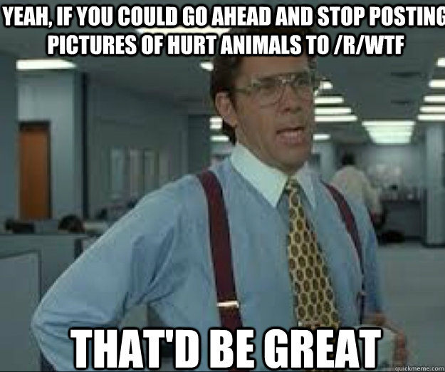yeah, if you could go ahead and stop posting pictures of hurt animals to /r/wtf THAT'D BE GREAT  