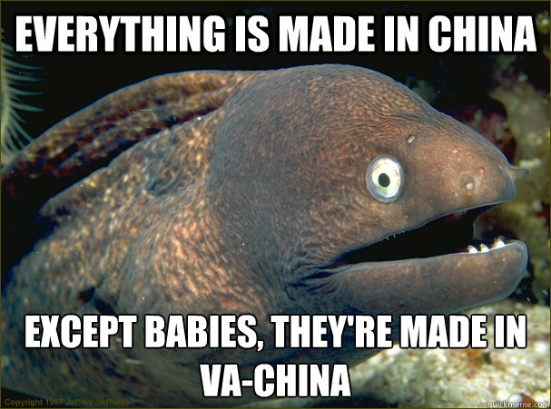 everything is made in china except babies, they're made in va-china  Bad Joke Eel