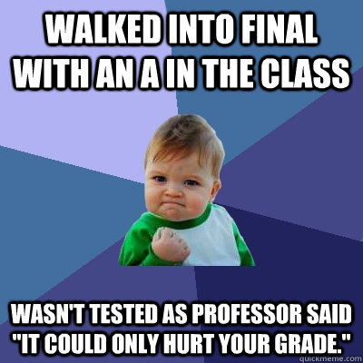 Walked into final with an A in the class Wasn't tested as professor said 