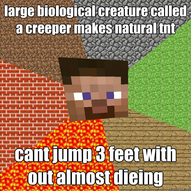 large biological creature called a creeper makes natural tnt cant jump 3 feet with out almost dieing - large biological creature called a creeper makes natural tnt cant jump 3 feet with out almost dieing  Minecraft