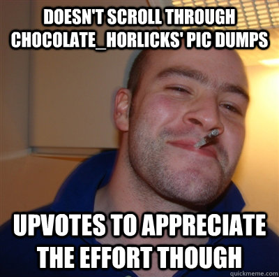 Doesn't scroll through Chocolate_Horlicks' pic dumps  upvotes to appreciate the effort though  GoodGuyGreg