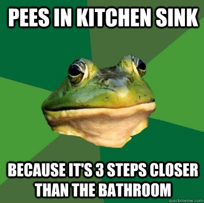 pees in kitchen sink because it's 3 steps closer than the bathroom  Foul Bachelor Frog