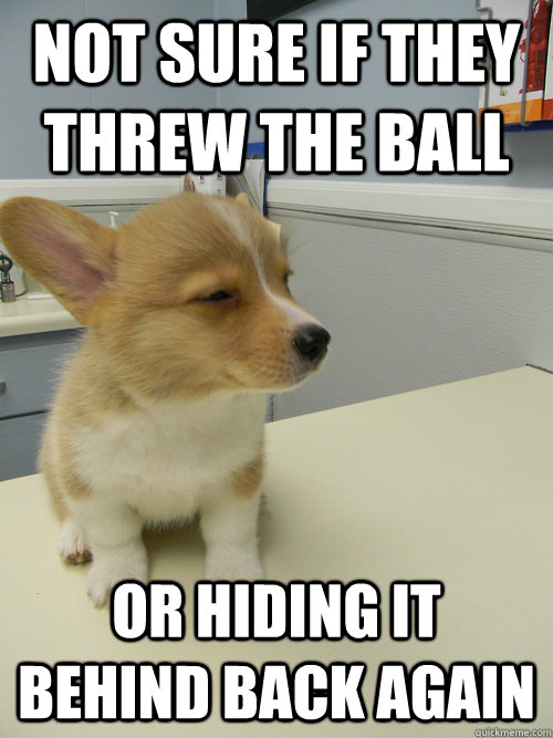 NOT SURE IF THEY THREW THE BALL OR HIDING IT BEHIND BACK AGAIN  