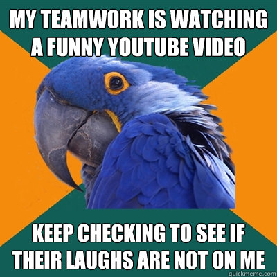 My teamwork is watching a funny youtube video  keep checking to see if their laughs are not on me  Paranoid Parrot