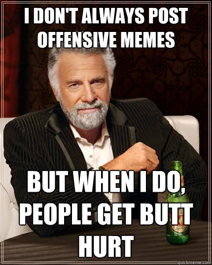 I don't always post offensive memes But when i do, people get butt hurt - I don't always post offensive memes But when i do, people get butt hurt  The Most Interesting Man In The World
