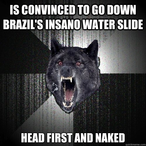 is convinced to go down Brazil's Insano water slide head first and naked  Insanity Wolf