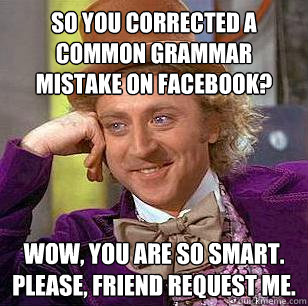 so you corrected a common grammar mistake on facebook?  wow, you are so smart. Please, friend request me.  - so you corrected a common grammar mistake on facebook?  wow, you are so smart. Please, friend request me.   Condescending Wonka