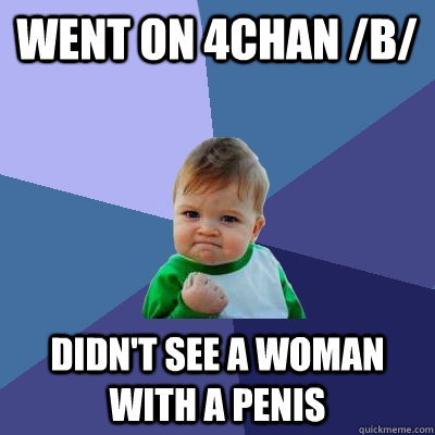 went on 4chan /b/  Didn't see a woman with a penis   Success Kid