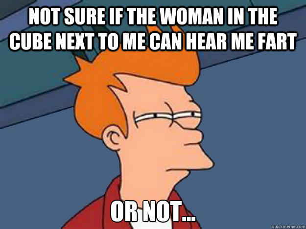 Not sure if the woman in the cube next to me can hear me fart or not...  Unsure Fry