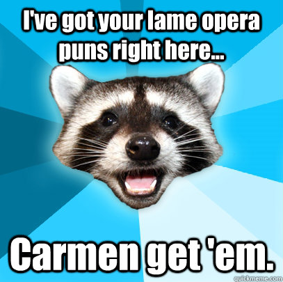 I've got your lame opera puns right here... Carmen get 'em. - I've got your lame opera puns right here... Carmen get 'em.  Lame Pun Coon