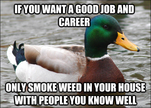 If you want a good job and career only smoke weed in your house with people you know well  Actual Advice Mallard