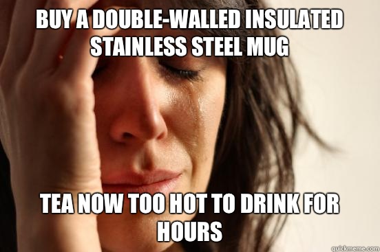 Buy a double-walled insulated stainless steel mug Tea now too hot to drink for hours  First World Problems