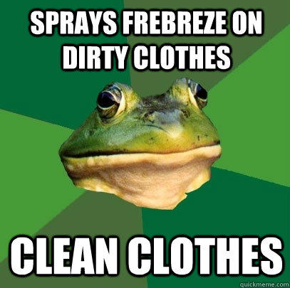 Sprays frebreze on dirty clothes  clean clothes  Foul Bachelor Frog