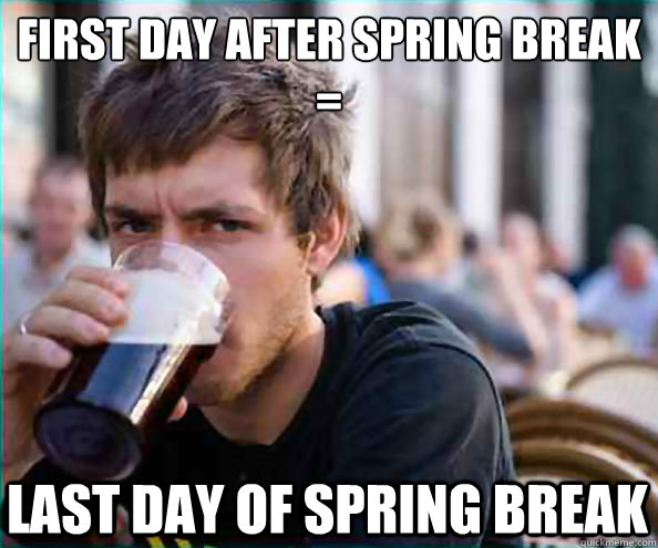 first day after spring break
= last day of spring break - first day after spring break
= last day of spring break  Lazy College Senior