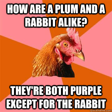 How are a plum and a rabbit alike? they're both purple except for the rabbit - How are a plum and a rabbit alike? they're both purple except for the rabbit  Anti-Joke Chicken