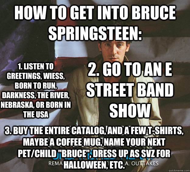 How to get into Bruce Springsteen: 1. Listen to Greetings, WIESS, Born To run, darkness, the river, Nebraska, or Born in the USA 2. Go to an E Street Band show 3. Buy the entire catalog, and a few t-shirts, maybe a coffee mug, name your next pet/child 