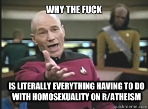 why the fuck is literally everything having to do with homosexuality on r/atheism   Annoyed Picard
