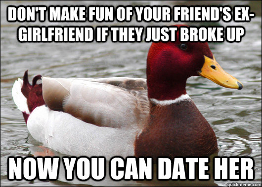 don't make fun of your friend's ex-girlfriend if they just broke up now you can date her  Malicious Advice Mallard