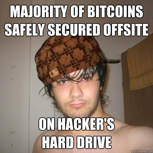 MAJORITY OF BITCOINS SAFELY SECURED OFFSITE ON HACKER'S
HARD DRIVE - MAJORITY OF BITCOINS SAFELY SECURED OFFSITE ON HACKER'S
HARD DRIVE  Scumbag Tux