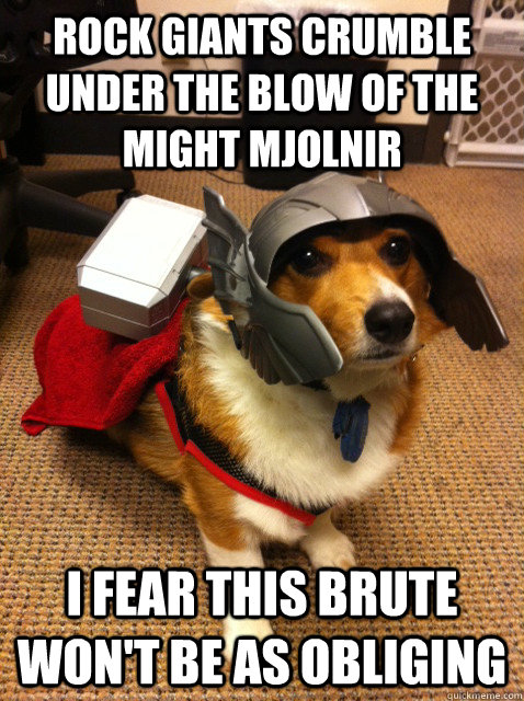 Rock giants crumble under the blow of the might mjolnir I fear this brute won't be as obliging  Thorgi Dog of Thunder