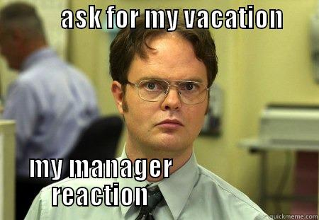             ASK FOR MY VACATION                  MY MANAGER                                  REACTION                                  Schrute