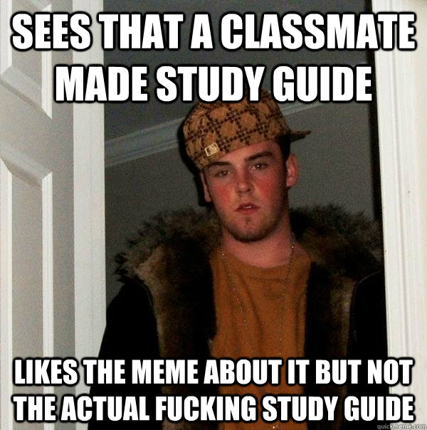 Sees that a classmate made study guide Likes the meme about it but not the ACTUAL FUcking STUDY GUIDE  Scumbag Steve
