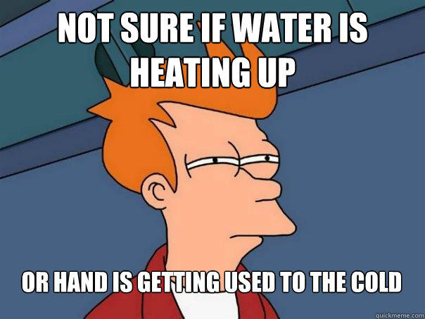 Not sure if water is heating up Or hand is getting used to the cold - Not sure if water is heating up Or hand is getting used to the cold  Futurama Fry