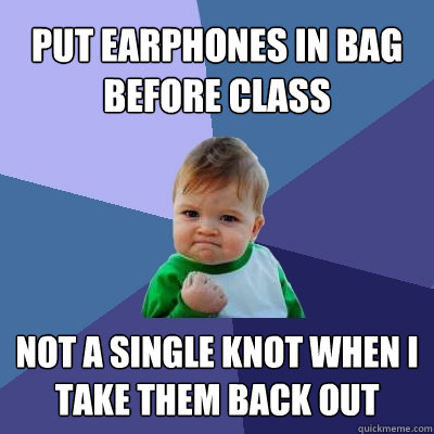 Put earphones in bag before class Not a single knot when I take them back out  Success Kid