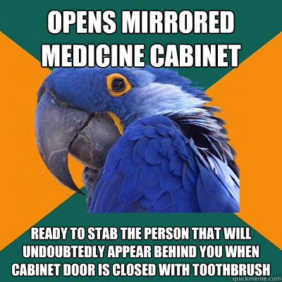 opens mirrored medicine cabinet ready to stab the person that will undoubtedly appear behind you when cabinet door is closed with toothbrush   Paranoid Parrot
