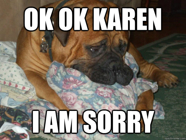 ok ok karen I am sorry  Sad Dog
