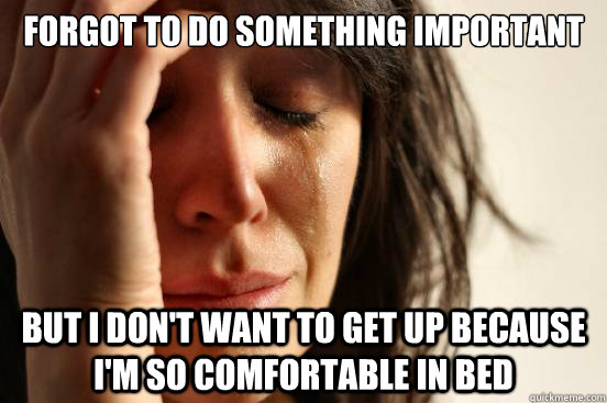 Forgot to do something important But I don't want to get up because I'm so comfortable in bed  First World Problems