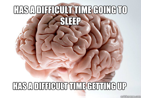 HAS A DIFFICULT TIME GOING TO  SLEEP HAS A DIFFICULT TIME GETTING UP  Scumbag Brain