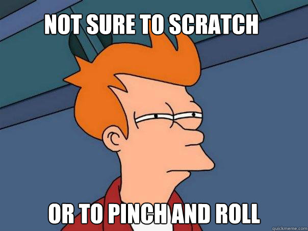 Not sure to scratch Or to pinch and roll  Futurama Fry