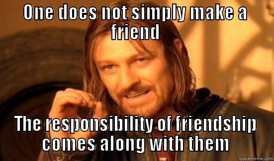 ONE DOES NOT SIMPLY MAKE A FRIEND THE RESPONSIBILITY OF FRIENDSHIP COMES ALONG WITH THEM Boromir