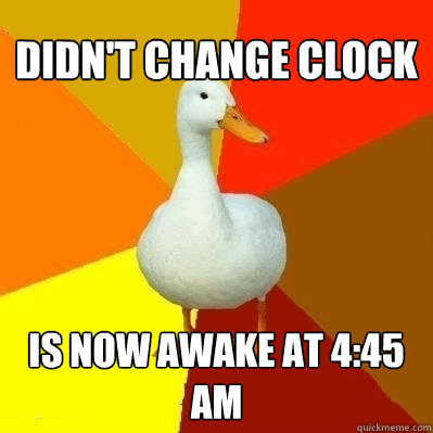 Didn't change clock Is now awake at 4:45 am  Technologically Impaired Duck