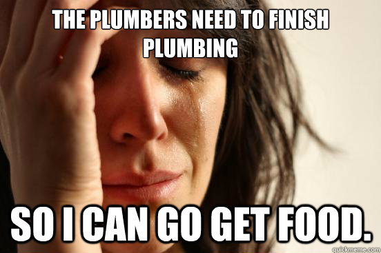 The plumbers need to finish plumbing so i can go get food.  First World Problems