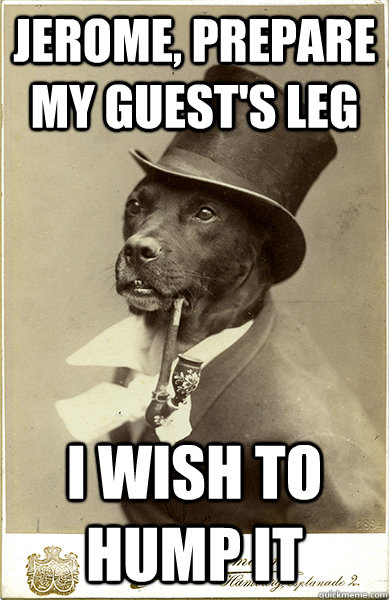 Jerome, prepare my guest's leg I wish to hump it  Old Money Dog
