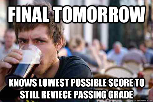 Final tomorrow Knows lowest possible score to still reviece passing grade  Lazy College Senior