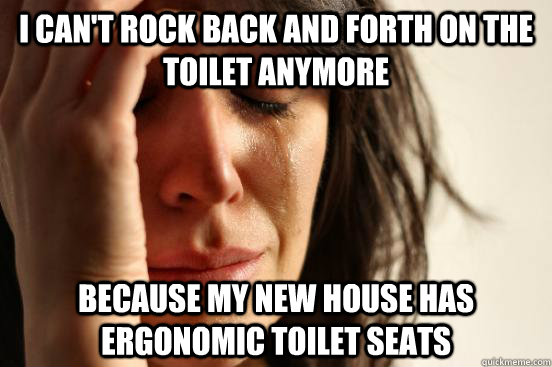 I can't rock back and forth on the toilet anymore because my new house has ergonomic toilet seats  First World Problems