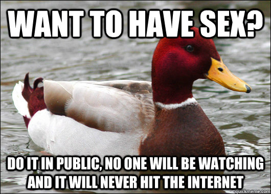 Want to have sex? Do it in public, no one will be watching and it will never hit the internet  Malicious Advice Mallard