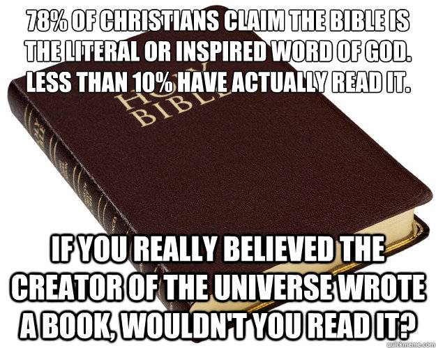 78% of Christians claim the bible is the literal or inspired word of god.
Less than 10% have actually read it. If you really believed the creator of the universe wrote a book, wouldn't you read it?  Holy Bible