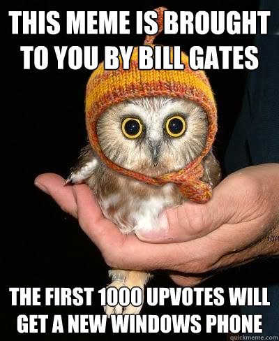 This Meme is brought to you by Bill Gates The first 1000 upvotes will get a new WINDOWS PHONE  Snopeless Owl
