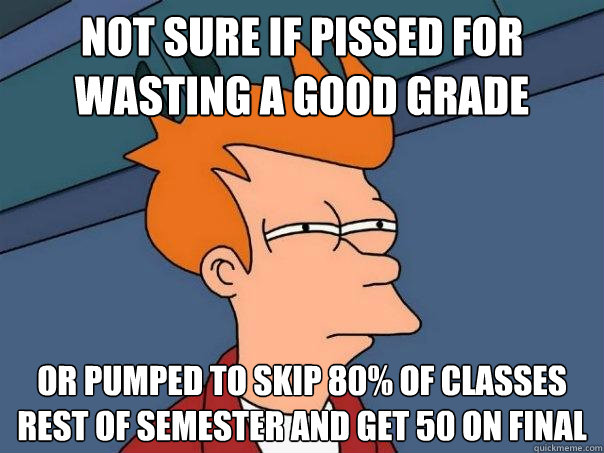 Not sure if pissed for wasting a good grade Or pumped to skip 80% of classes rest of semester and get 50 on final  Futurama Fry
