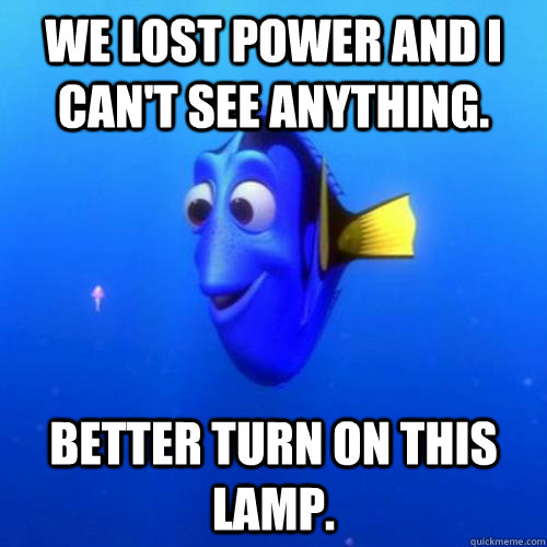 We lost power and i can't see anything. Better turn on this lamp. - We lost power and i can't see anything. Better turn on this lamp.  dory