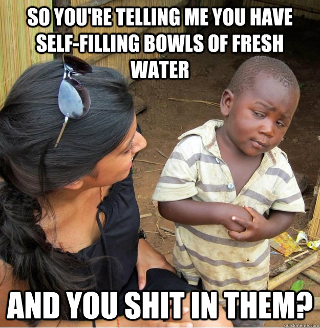 So you're telling me you have self-filling bowls of fresh water And you shit in them?  Skeptical Third World Kid